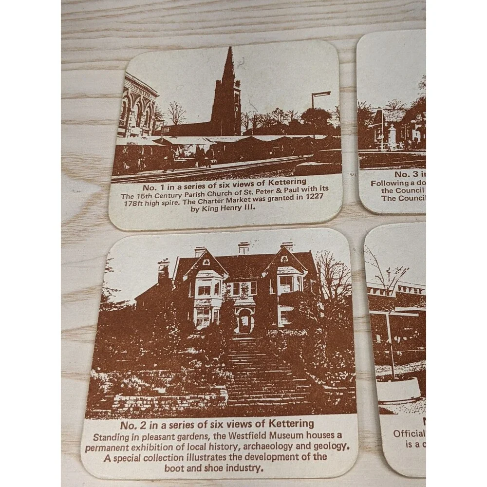 Vtg Kettering Photo Views  Coasters Set of 6 England Barware Pub Coleman Bird AD